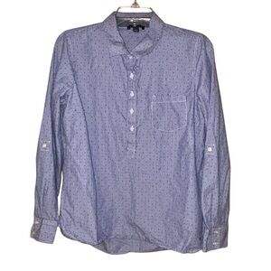 Tommy Hilfiger Women’s Blue Striped Cotton Popover Shirt‎ Large Roll Tab Sleeves
